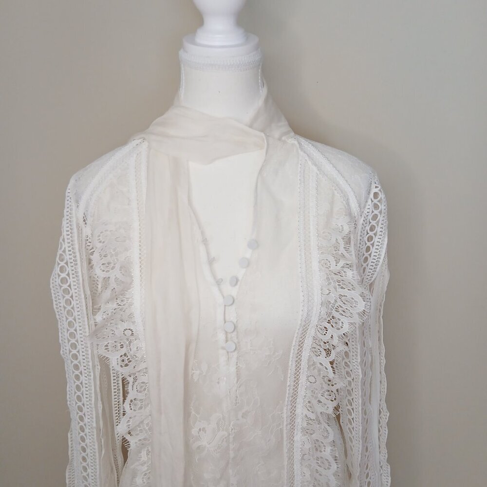 Self Portrait Victorian Romantic Sheer Draped Sleeve Lace Paneled Blouse Size 2 - Picture 6 of 14